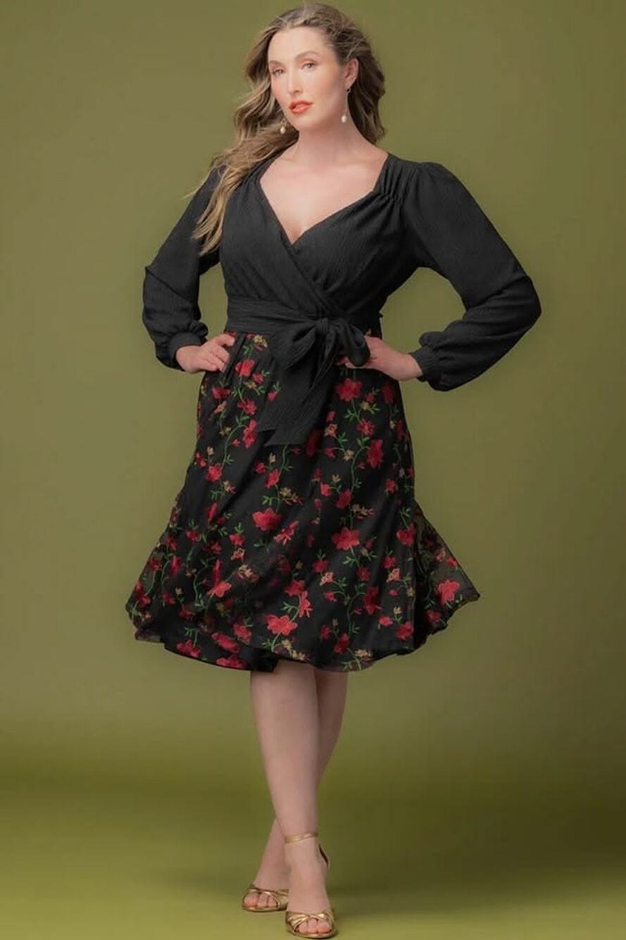 Kiyonna Dress Chelsea Embroidered Cocktail Style Sze 10 12 Balloon Sleeves Party